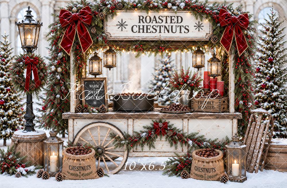 Kate Christmas Roasted Chestnut Cart Snowy Red Bow Printed Backdrop Designed by Ashley Paul