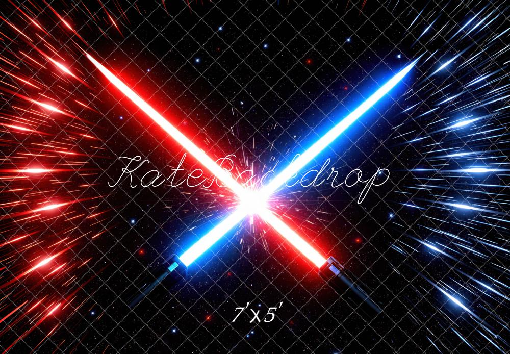 Kate Red Blue Laser Swords Space Burst Printed Backdrop Designed by Mini MakeBelieve