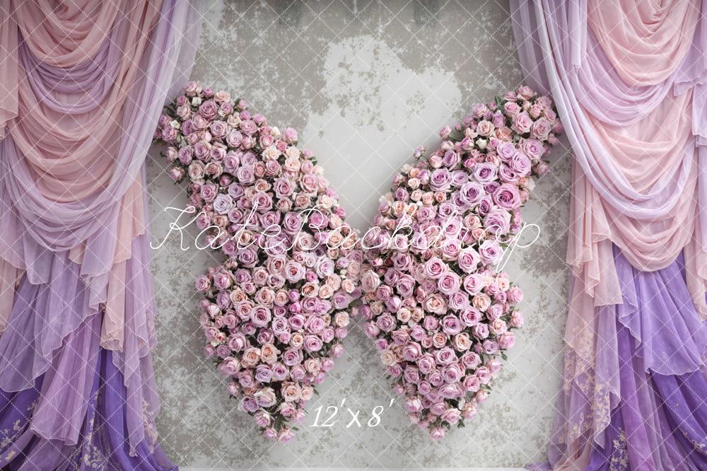 Kate Pink Rose Wings with Lavender Drapes Printed Backdrop Designed by Mini MakeBelieve