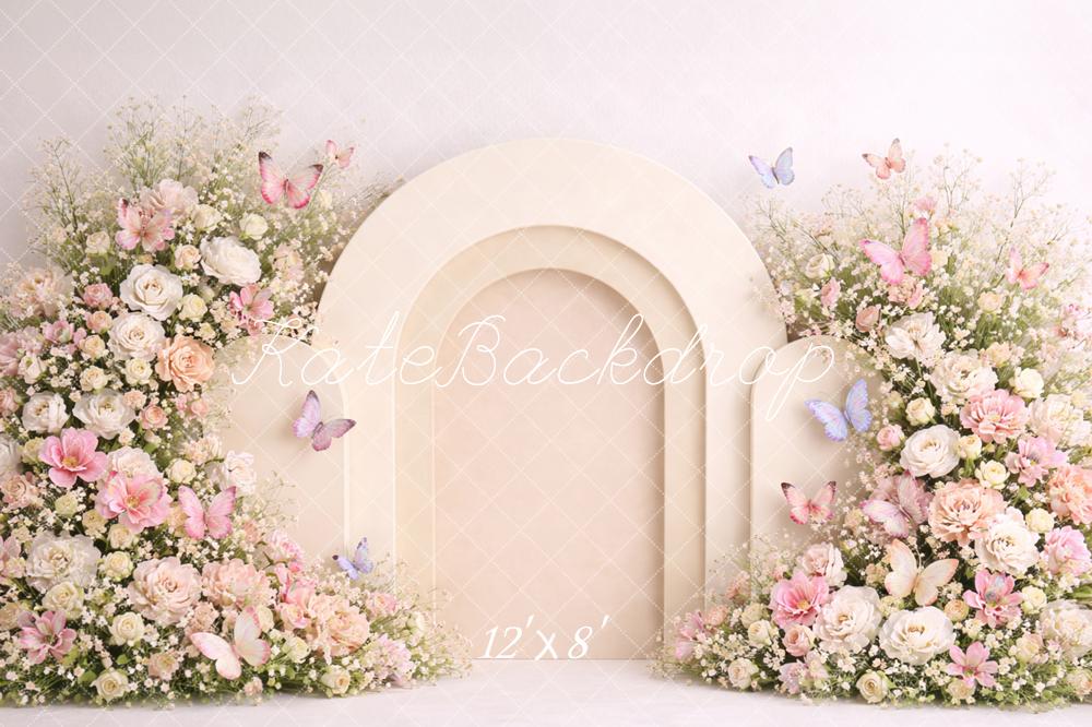Kate Flower Arch Cream Arch Pastel Butterflies Printed Backdrop Designed by Caitlin Lynch