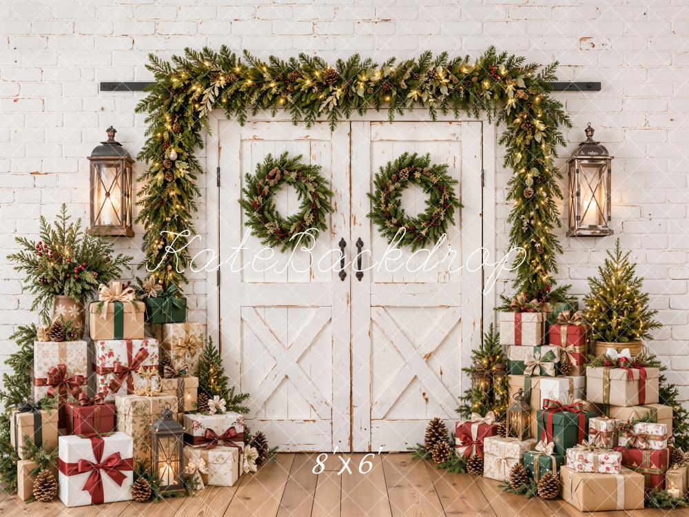 Kate Christmas White Rustic Barn Door Garland Gift Boxes Printed Backdrop Designed by Emetselch