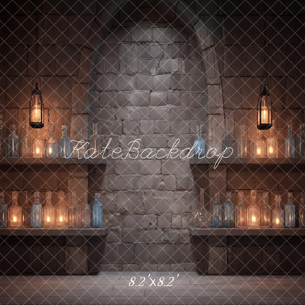 Kate Fantasy Magic Potion Stone Wall Arch Lanterns Bottles Shelves Printed Backdrop Designed by Angela Miller