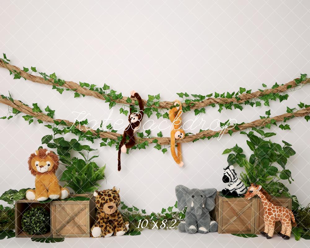 Kate Jungle Stuffed Animals Green Leaves Wooden Crates Backdrop Designed by Melissa King