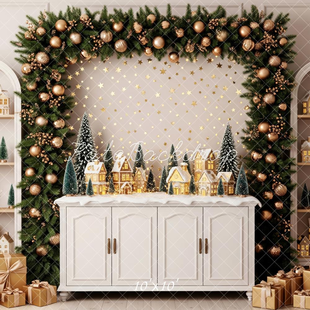 Kate Christmas Greenery Arch Mini Village Gift Boxes Backdrop Designed by Patty Roberts