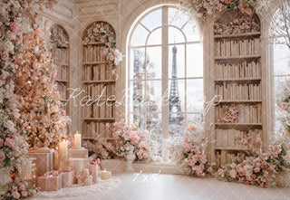 Kate Christmas Pink Floral Bookshelves Window Eiffel Tower Printed Backdrop Designed by Ashley Paul