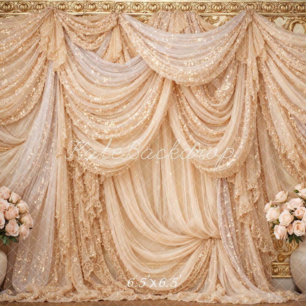 Kate Spring Gold Sequin Drapes with Floral Vases Backdrop Designed by Mini MakeBelieve