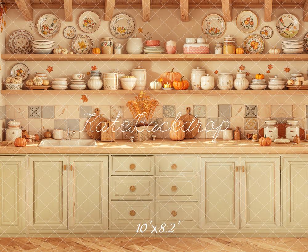 Kate Fall Kitchen Cabinets Pumpkins Shelves Plates Rustic Backdrop Designed by Emetselch