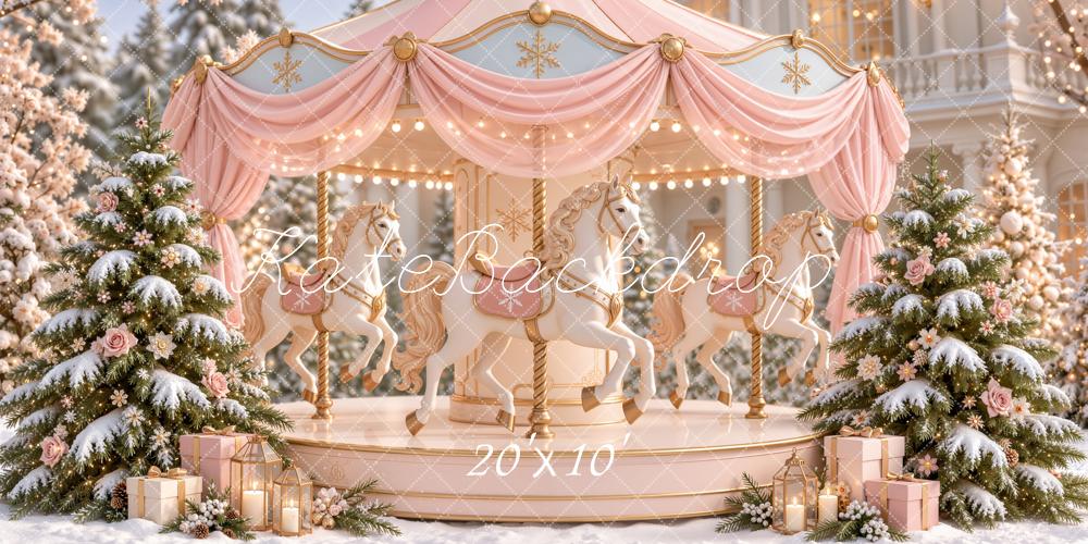 Kate Christmas Pink Carousel Snowy Trees Printed Backdrop Designed by Emetselch