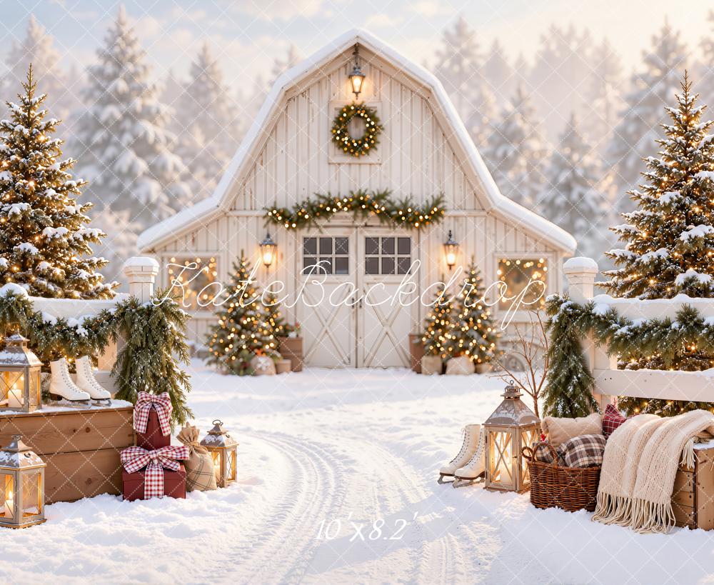Kate Christmas Snowy White Barn Pine Trees Farmhouse Printed Backdrop Designed by Emetselch