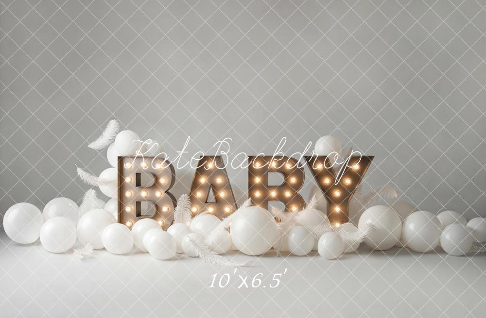 Kate Birthday Baby Marquee Letters White Balloons Feathers Backdrop Designed by Emetselch