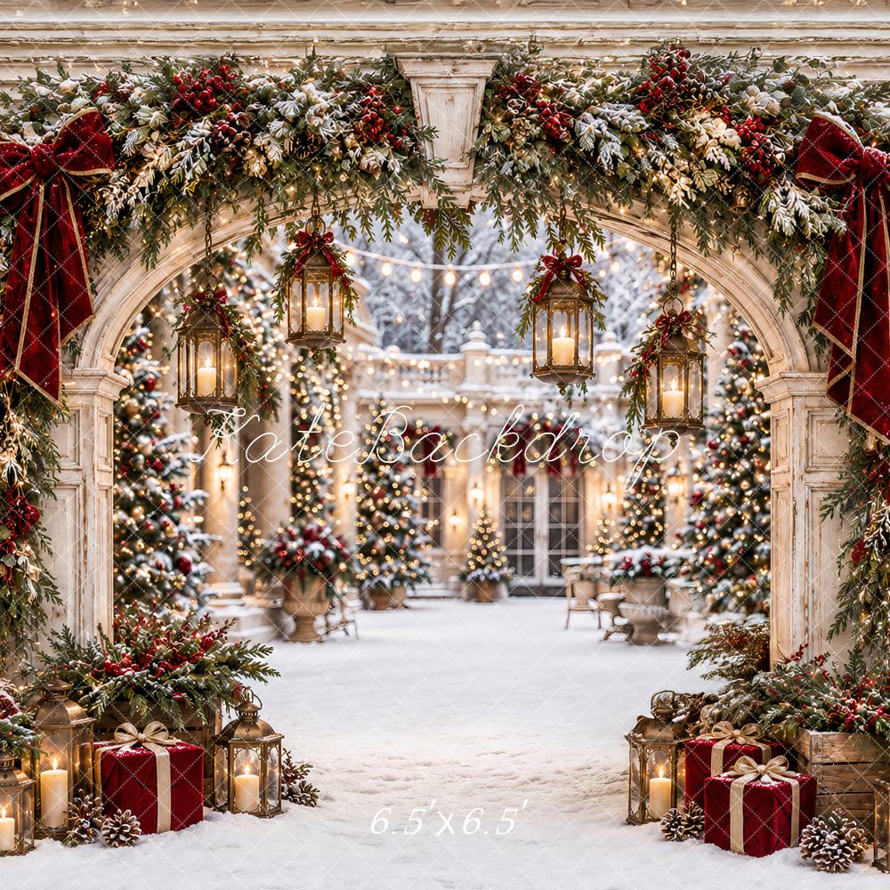 Kate Christmas White Archway Red Velvet Garland Trees Lanterns Printed Backdrop Designed by Ashley Paul