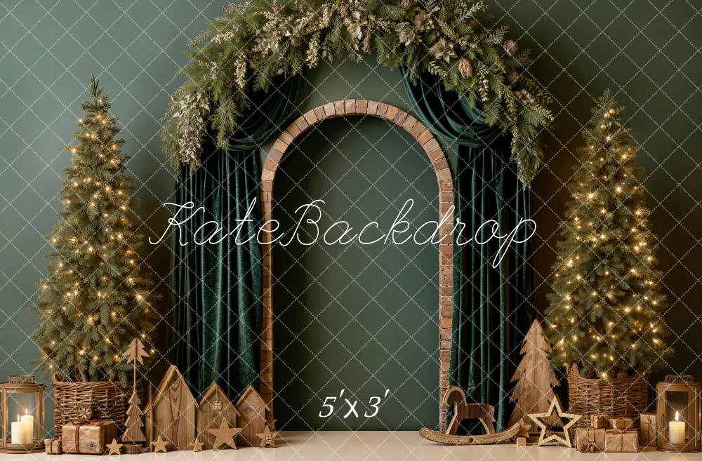 Kate Christmas Trees Green Curtains Arch Gifts Wood Printed Backdrop Designed by Emetselch