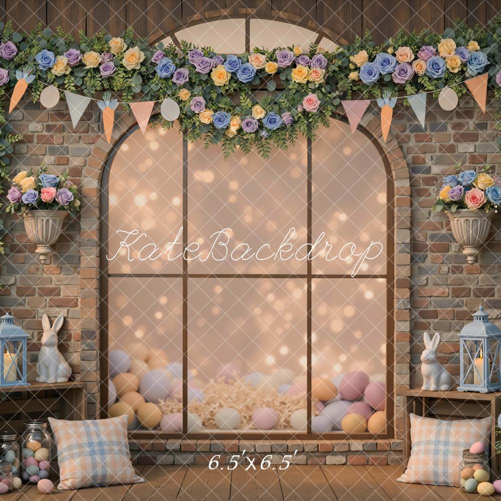 Kate Easter Bunny Flower Arch Pastel Eggs Bokeh Brick Wall Backdrop Designed by Mini MakeBelieve