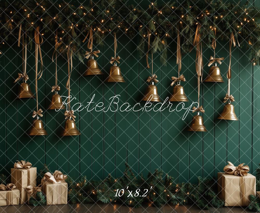Kate Christmas Golden Bells Green Wall Backdrop Designed by Patty Roberts