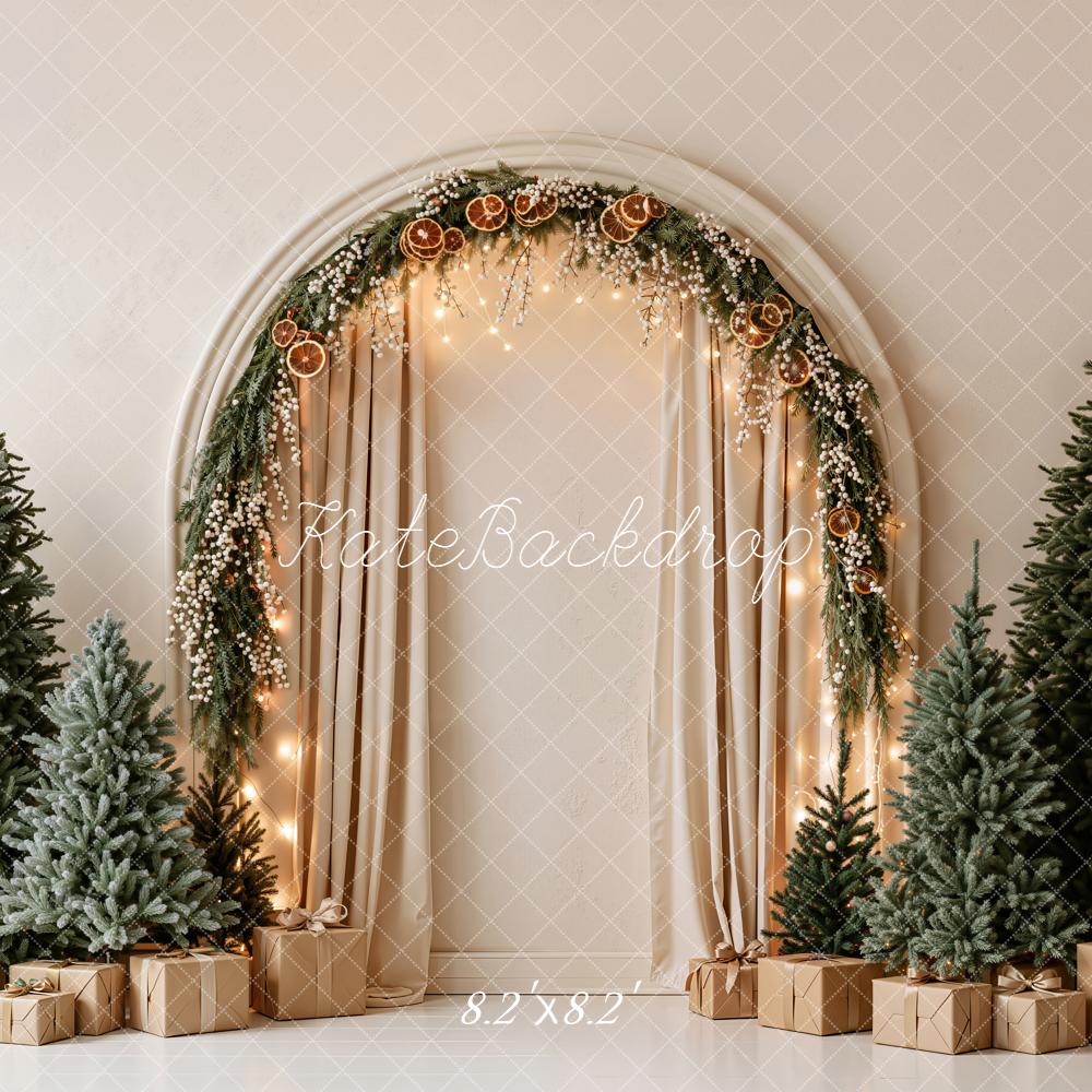 Kate Christmas Pine Garland Arch Pine Trees Presents Beige Printed Backdrop Designed by Emetselch