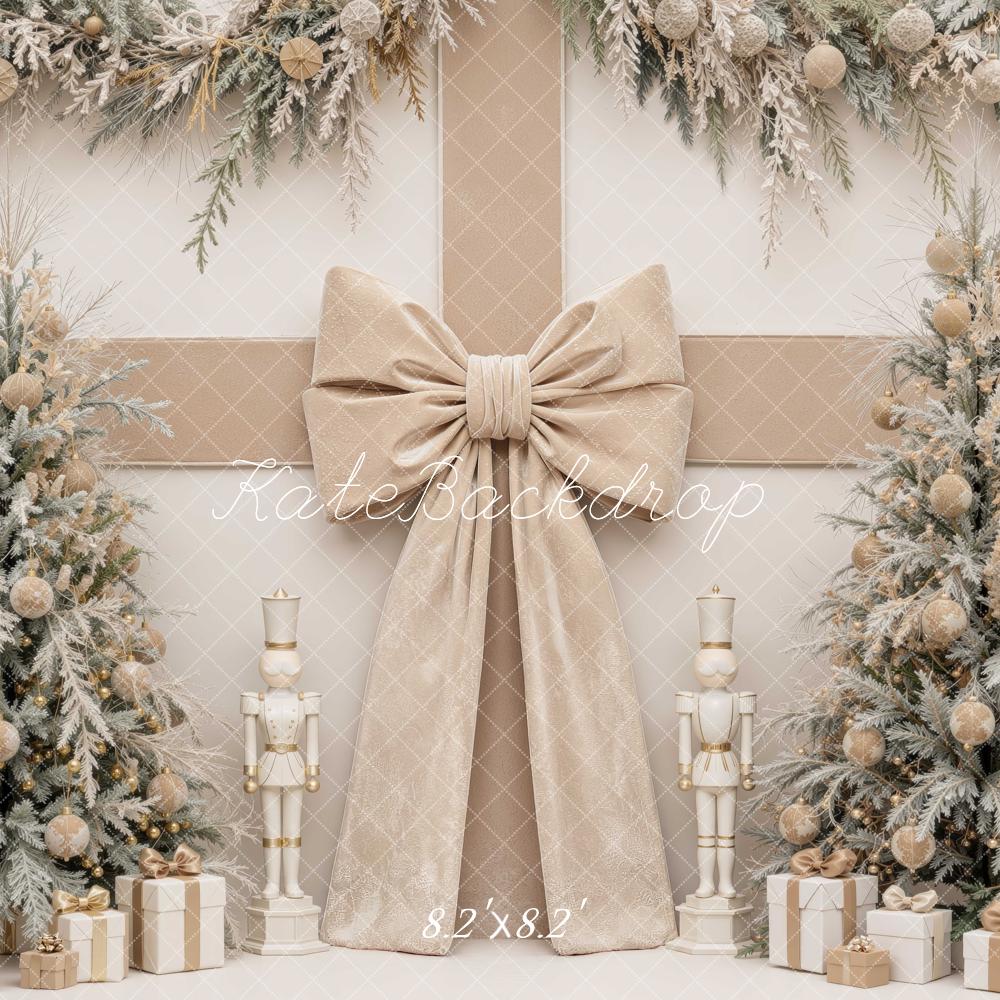 Kate Christmas Beige Bow Nutcracker Trees Printed Backdrop Designed by Mini MakeBelieve