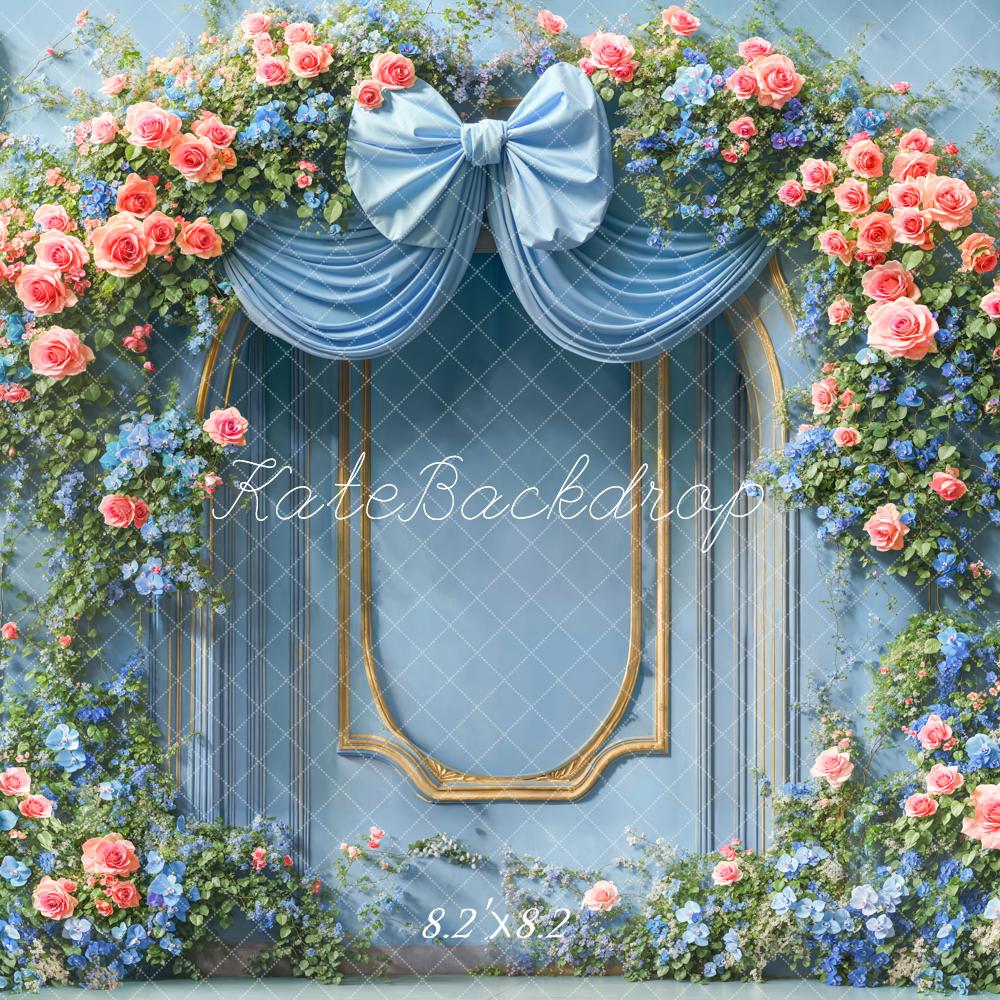 Kate Retro Floral Arch Blue Bow Framed Backdrop Designed by Emetselch