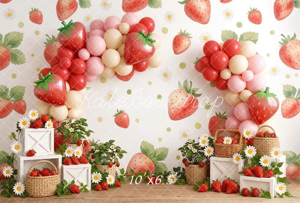 Kate Summer Strawberry Balloon Arch Daisy Basket Printed Backdrop Designed by Emetselch