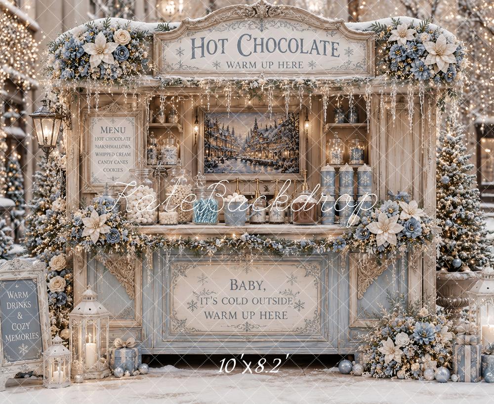 Kate Christmas Hot Chocolate Stand Snowy Floral Stand Blue Printed Backdrop Designed by Ashley Paul