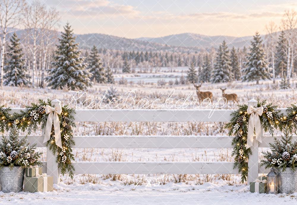 Kate Christmas Snowy Deer Fence Evergreen Garland Printed Backdrop Designed by Vertigo Productions