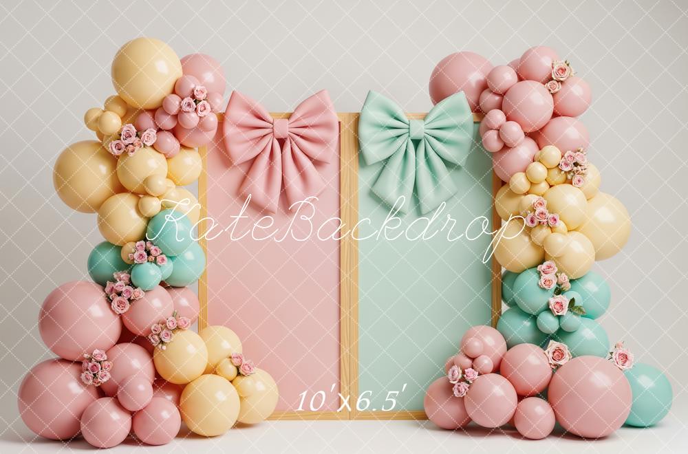 Kate Cake Smash Pastel Balloon Arch Flowers Bows Printed Backdrop Designed by Patty Roberts