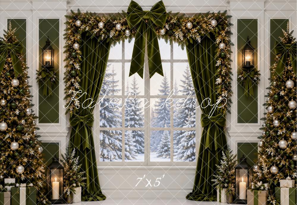Kate Christmas Arched Window  Green Garland Snowy Forest Printed Backdrop Designed by Ashley Paul