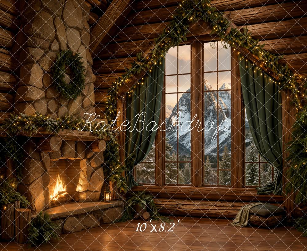 Kate Christmas Rustic Cabin Fireplace Tree Window Backdrop Designed by Emetselch