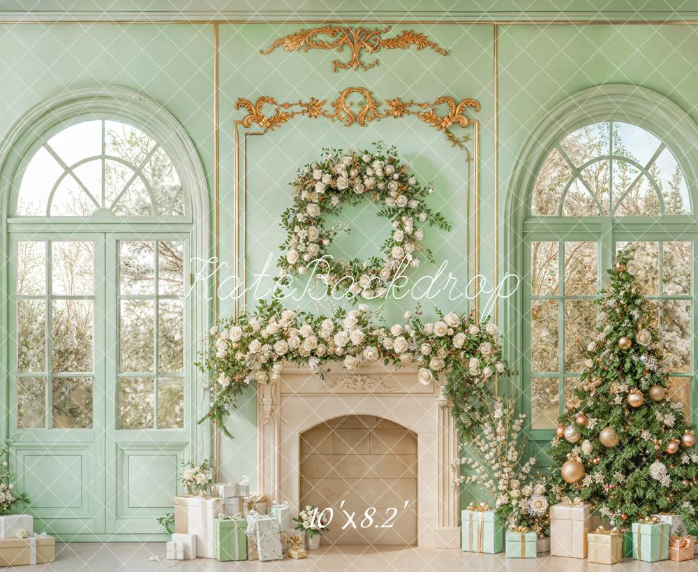Kate Christmas Tree Floral Fireplace Green Window Backdrop Designed by Emetselch
