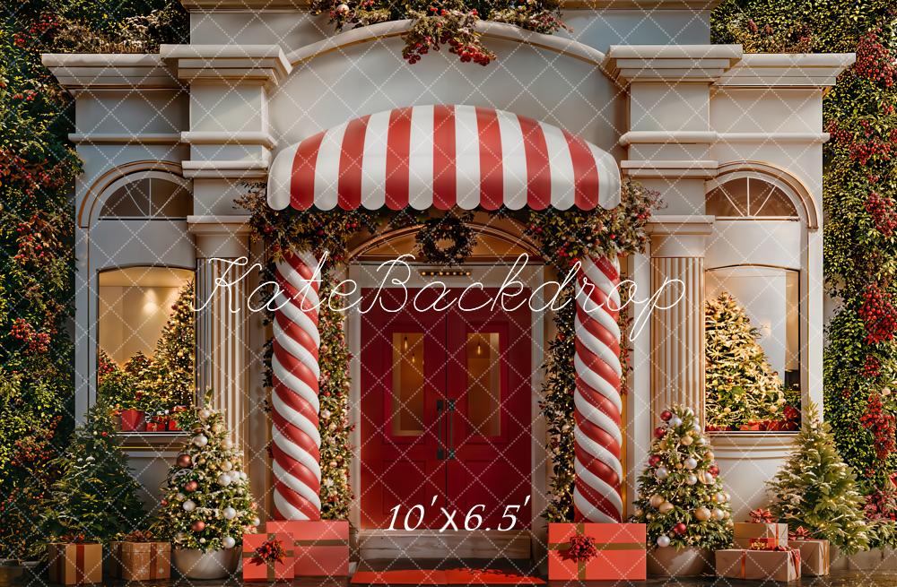 Kate Christmas Candy Cane Columns Red Door Trees Backdrop Designed by Emetselch