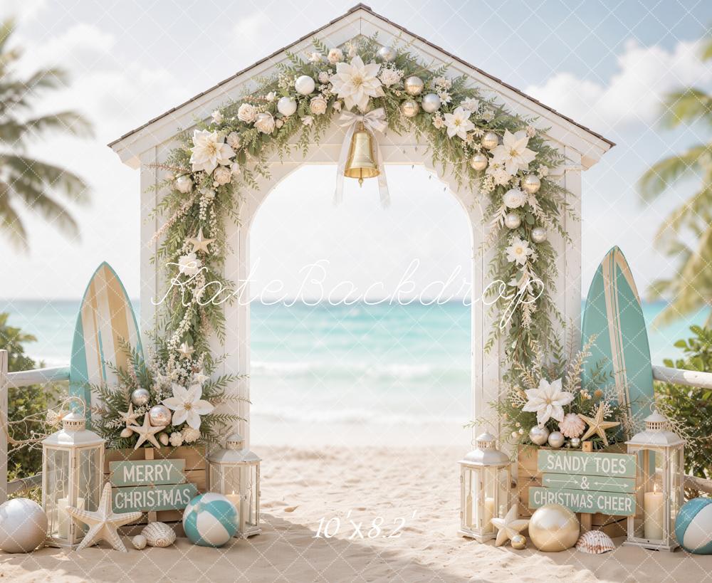 Kate Christmas Beach Arch Surfboards Garland Palm Trees Printed Backdrop Designed by Emetselch