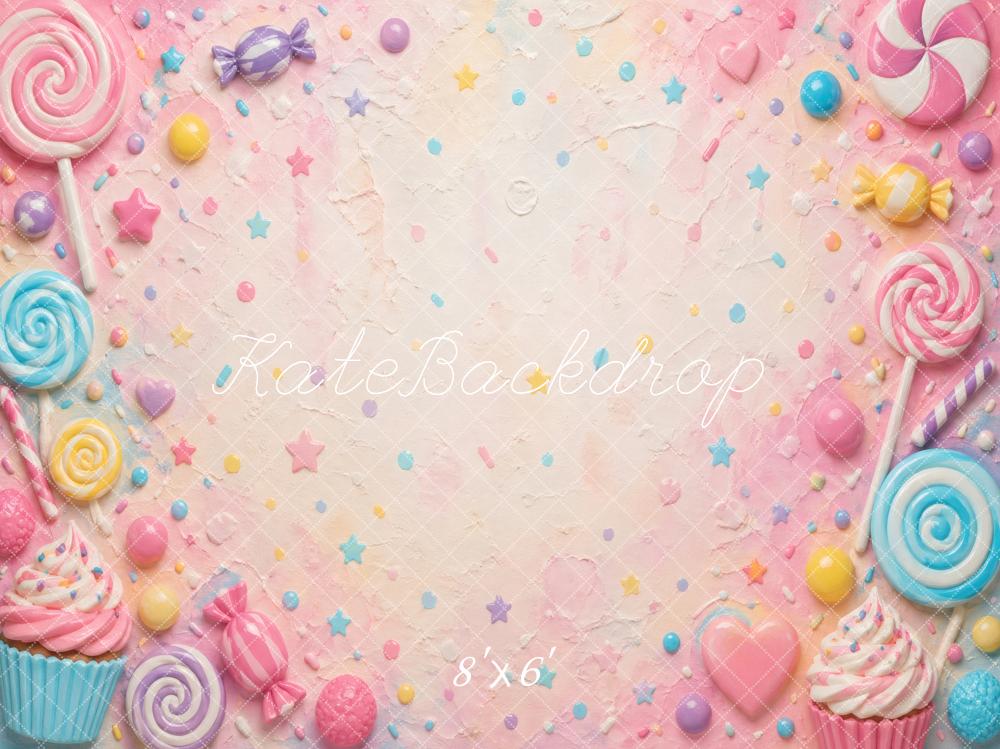 Kate Birthday Pastel Candy Cupcakes Lollipops Sweets Printed Backdrop Designed by Vertigo Productions