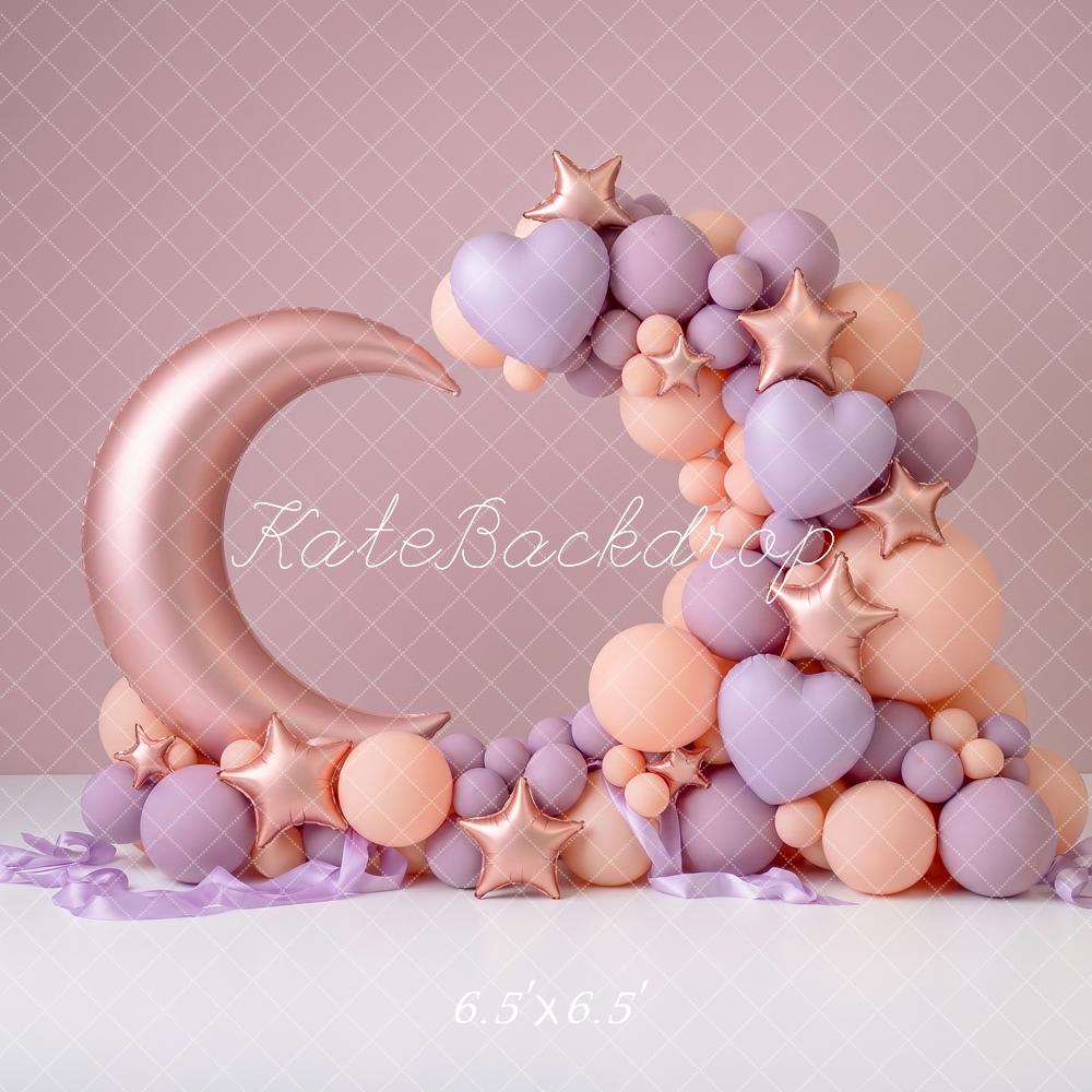 Kate Birthday Crescent Moon Stars Pink Pastel Balloon Printed Backdrop Designed by Angela Miller