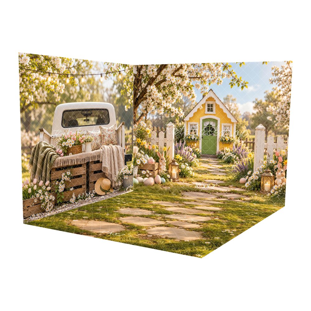 Kate Easter Yellow Cottage Garden Cherry Blossoms Bunny Printed Backdrop Room Set