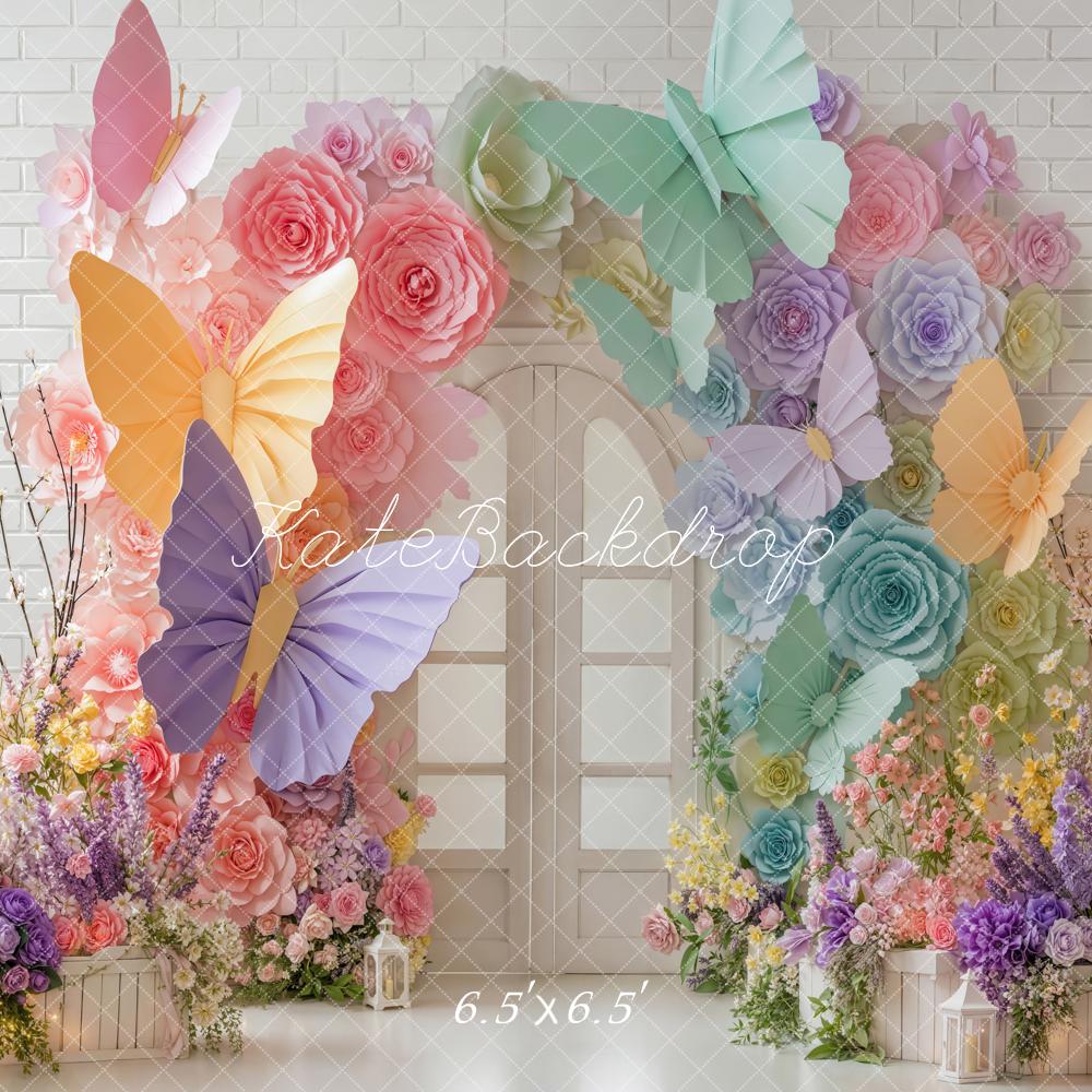 Kate Spring Butterfly Flower Arch Pastel Brick Wall Printed Backdrop Designed by Emetselch