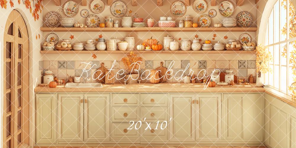 Kate Fall Kitchen Cabinets Pumpkins Shelves Plates Rustic Backdrop Designed by Emetselch
