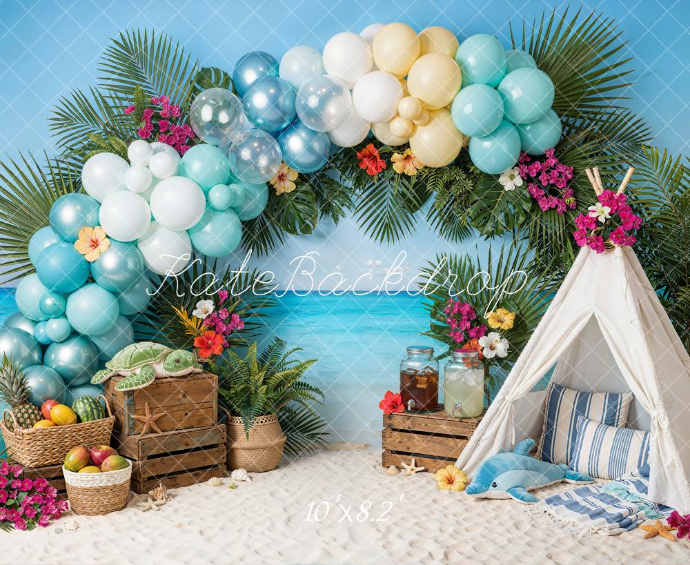 Kate Summer Beach Balloon Arch Tent Palm Leaves Backdrop Designed by Emetselch