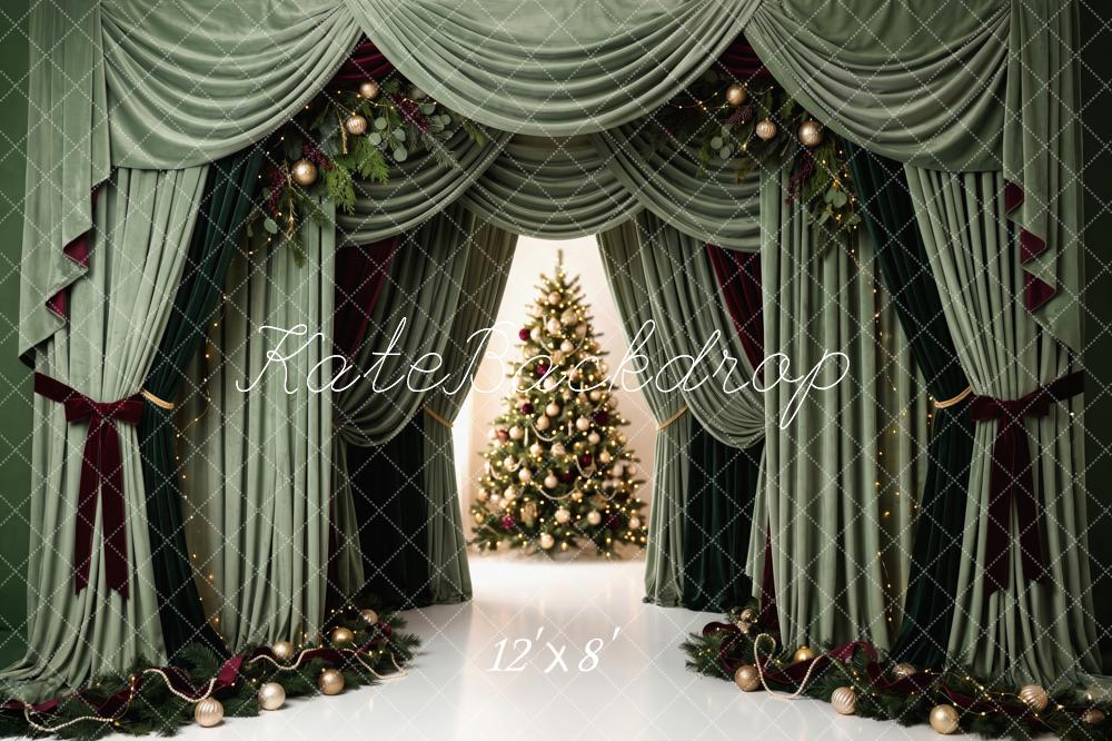 Kate Christmas Green Curtains Drapery Christmas Tree Printed Backdrop Designed by Patty Roberts
