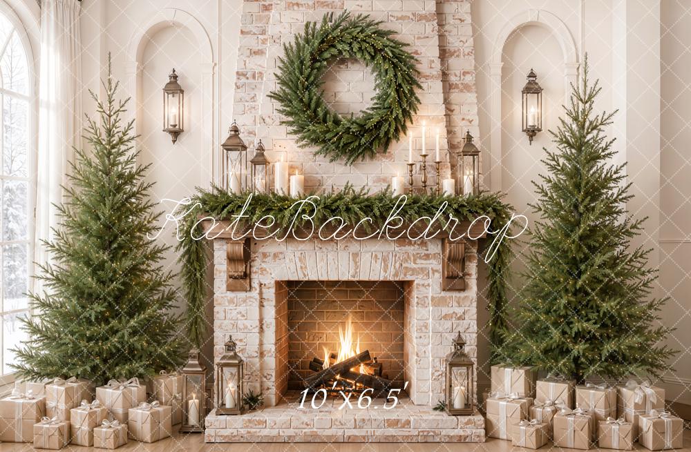 Kate Christmas Fireplace Wreath Evergreen Trees Gifts Printed Backdrop Designed by Emetselch