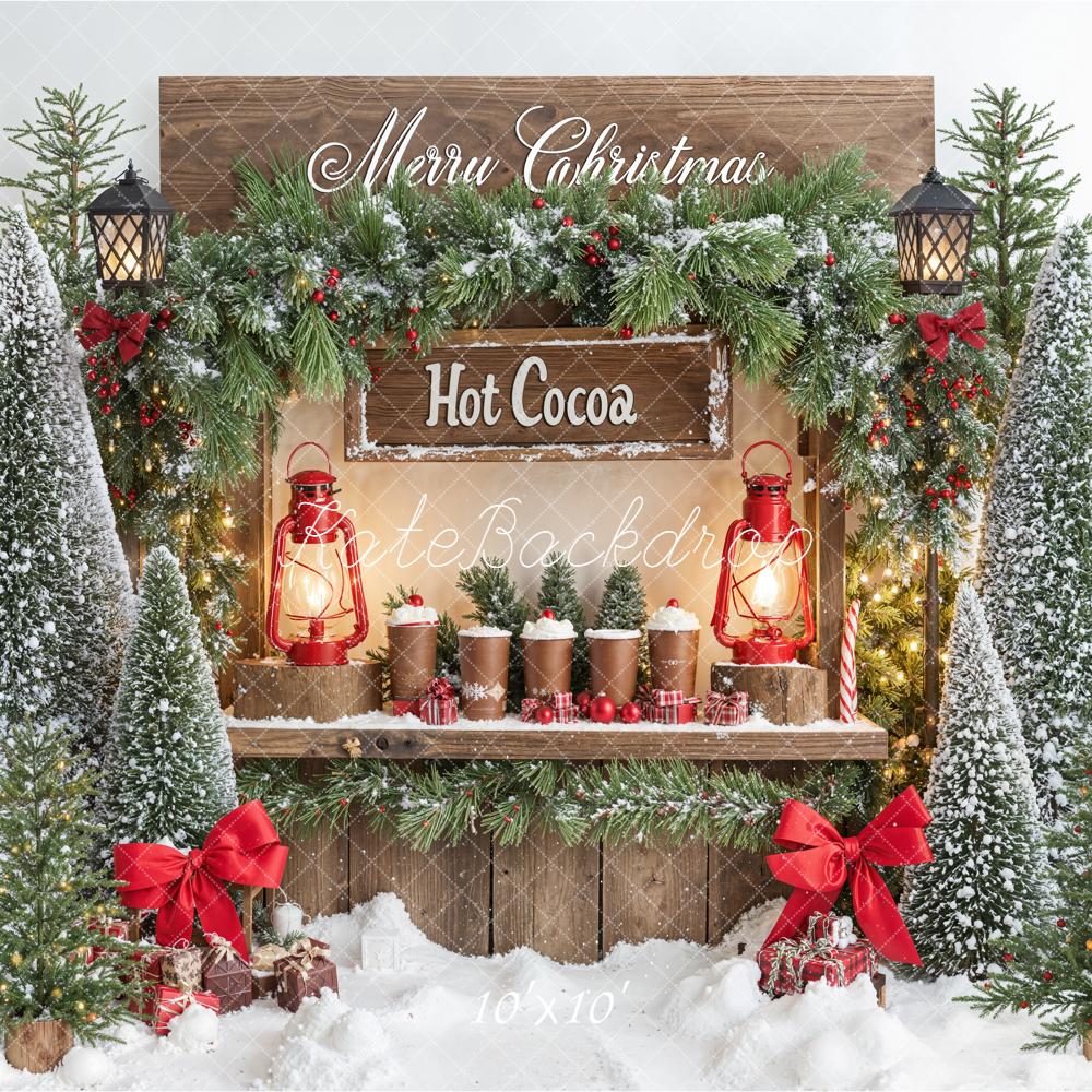 Kate Christmas Hot Cocoa Stand Snowy Pine Trees Lantern Backdrop Designed by Emetselch