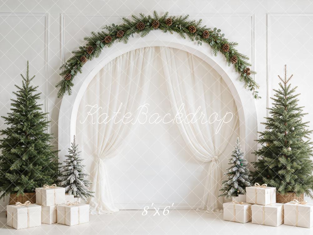 Kate Christmas Minimalist White Arched Wall Pine Tree Gift Printed Backdrop Designed by Emetselch