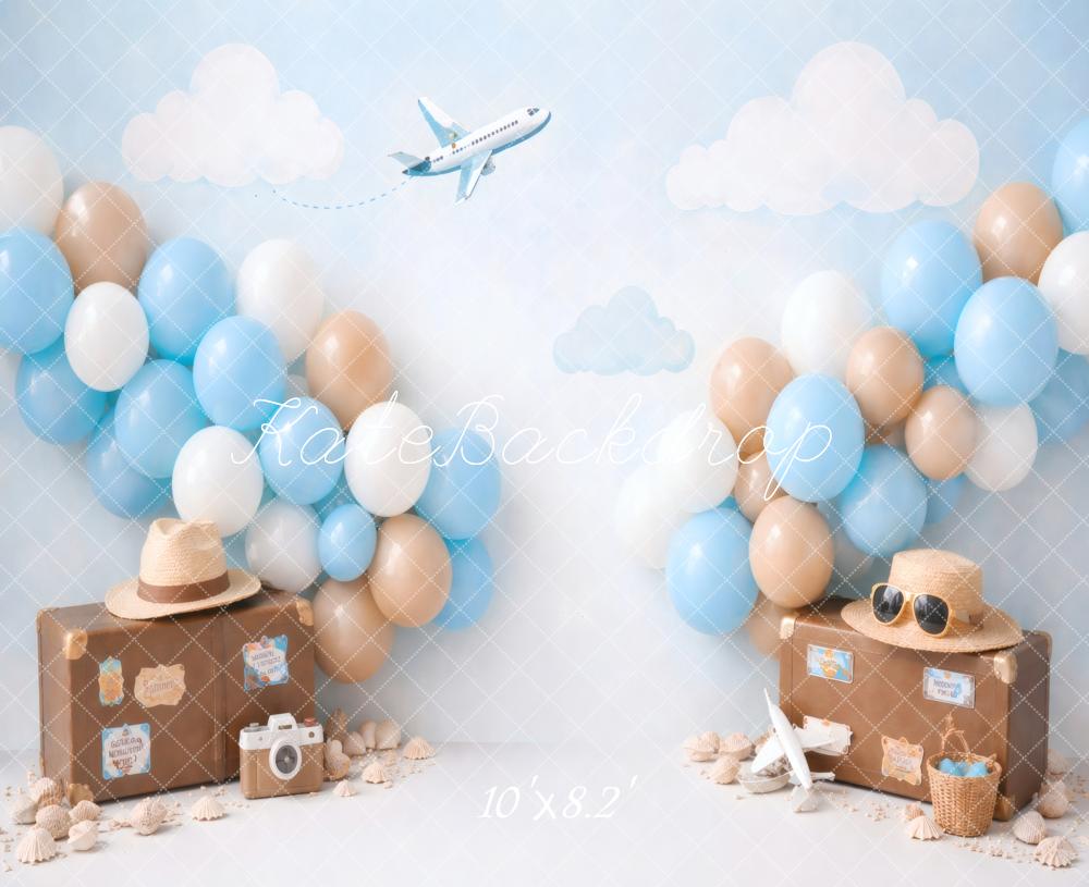 Kate Cake Smash Travel Suitcases Airplane Balloons Clouds Printed Backdrop Designed by Vertigo Productions