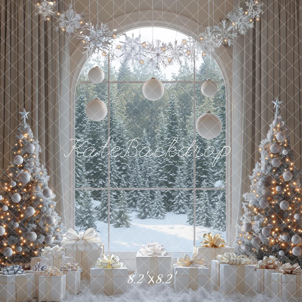 Kate Christmas Tree Arched Window Winter Snow Backdrop Designed by Mini MakeBelieve