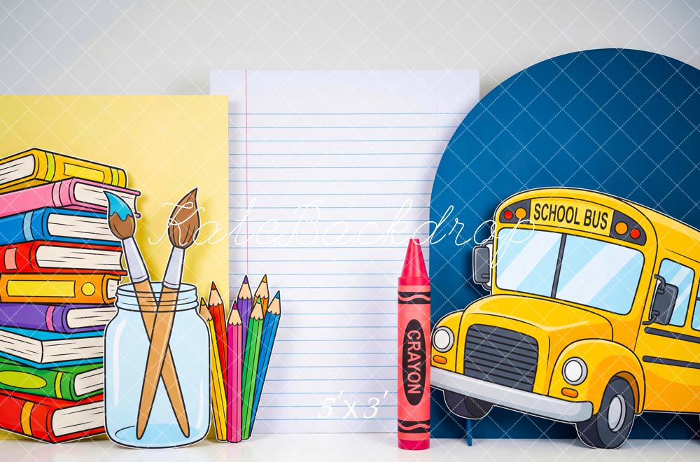 Kate Back to School School Bus Books Art Supplies Crayon Printed Backdrop Designed by Patty Roberts