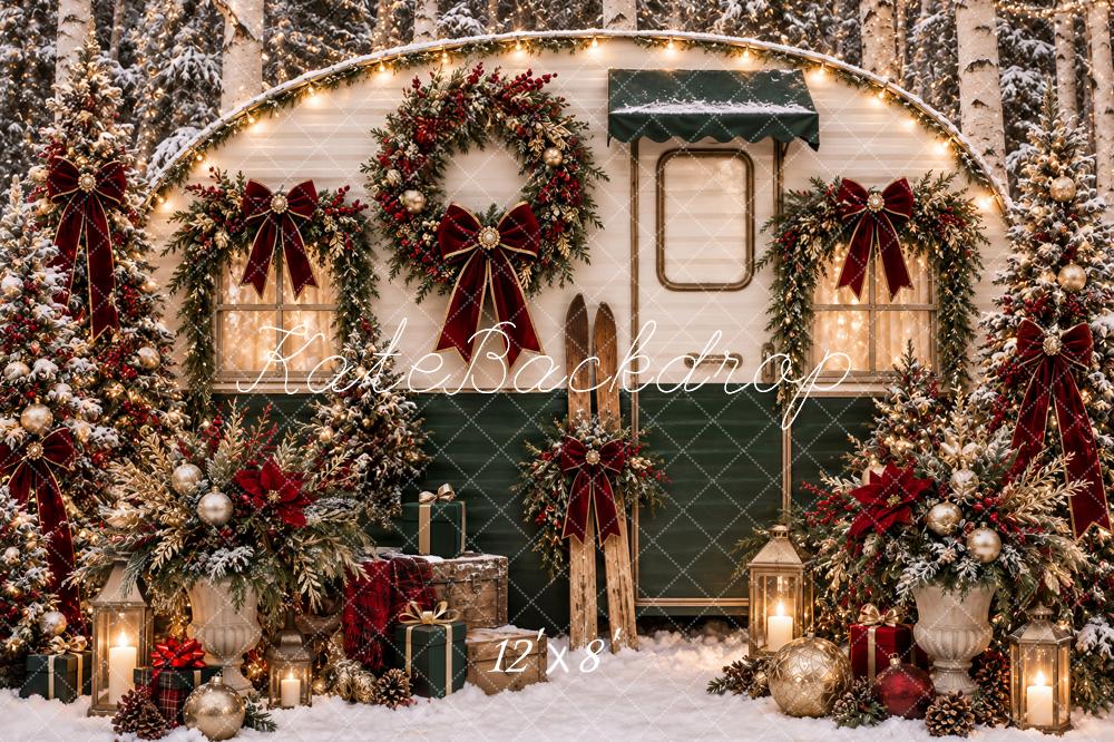Kate Christmas Camper Snowy Forest Wreaths Red Bows Printed Backdrop Designed by Ashley Paul