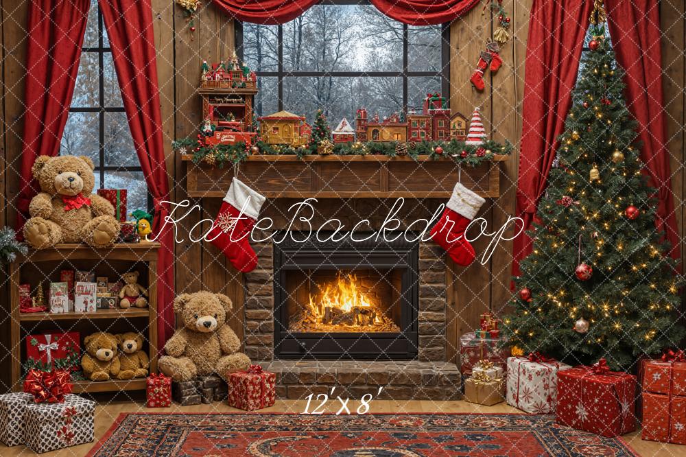 Kate Christmas Tree Fireplace Teddy Bear Toys Gifts Backdrop Designed by Emetselch