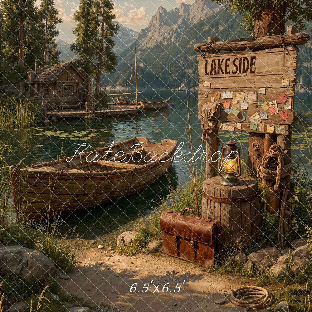 Kate Lakeside Wooden Boat Cabin Mountain Path Printed Backdrop Designed by Emetselch