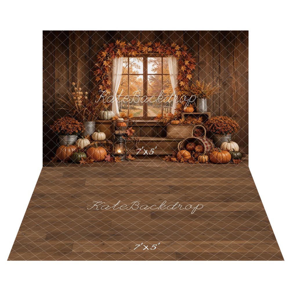 Kate Fall Pumpkins Window Maple Leaves Rustic Wood Printed Backdrop+Brown Wood Floor Printed Backdrop