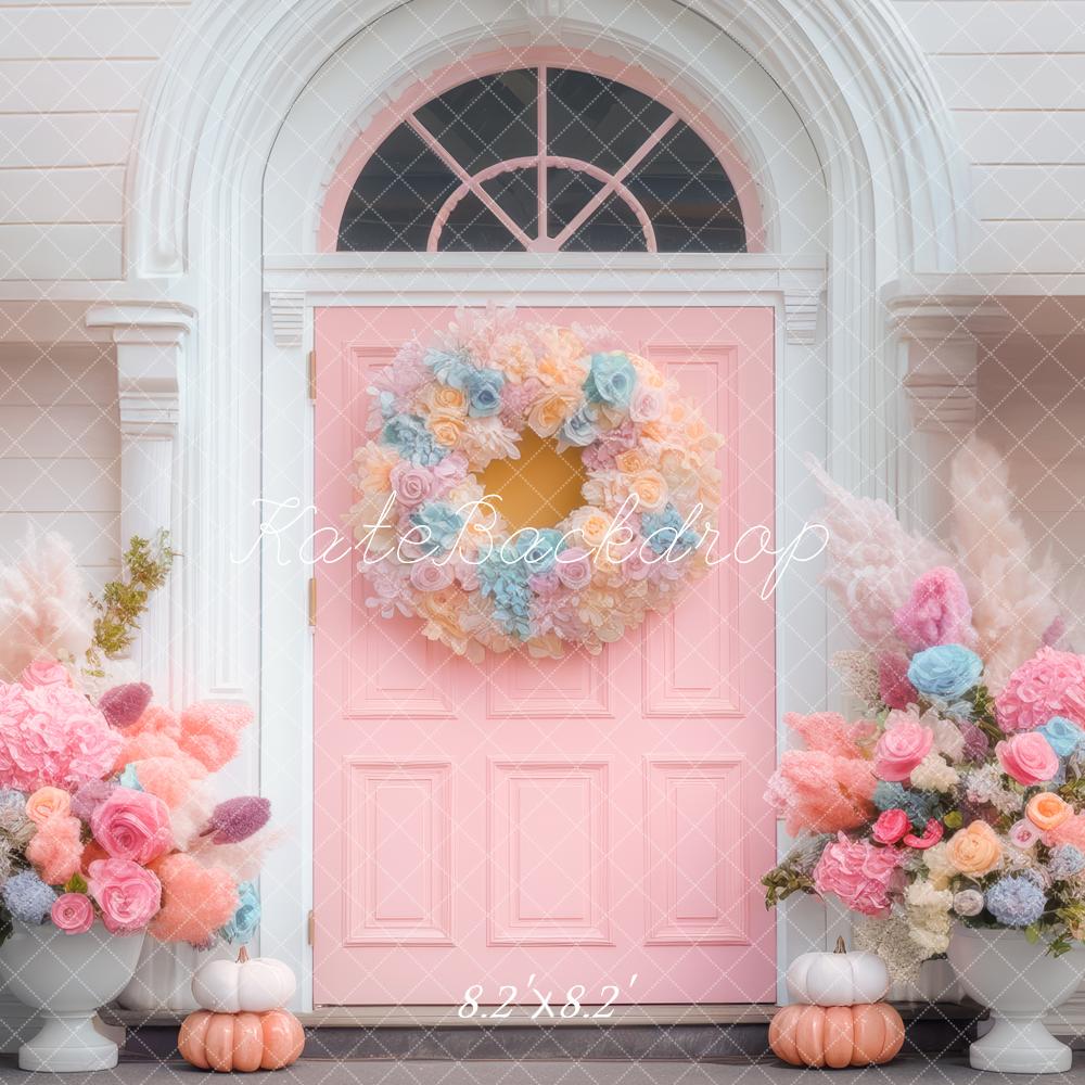 Kate Fall Pastel Front Door Flower Arch Pumpkins Backdrop Designed by Mini MakeBelieve