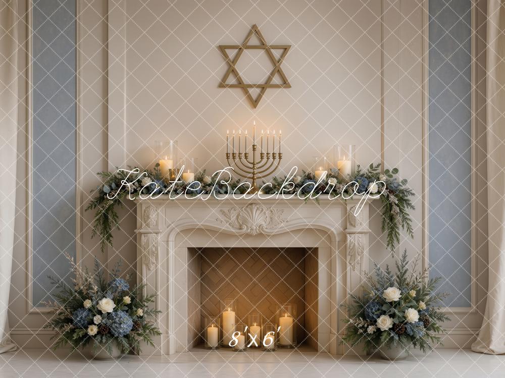 Kate Hanukkah Menorah Star of David Fireplace Floral Printed Backdrop Designed by Ashley Ward