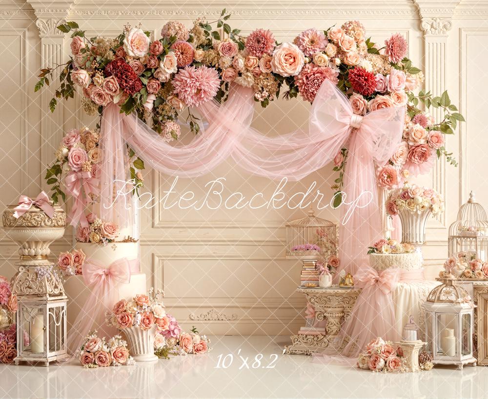 Kate Mother's Day Flower Arch Pink Roses Lanterns Birdcages Backdrop Designed by Emetselch